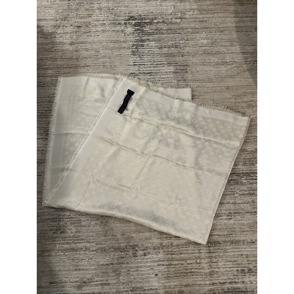 Louis Vuitton Monogram Shine White Jacquard Shawl/Wrap Fringe M74026